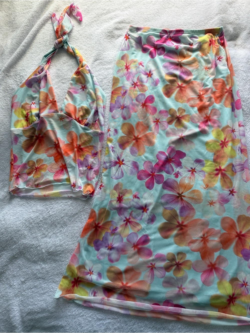 Target Floral Maxi Dress Set in Aqua with Pink, Orange & Yellow Flowers